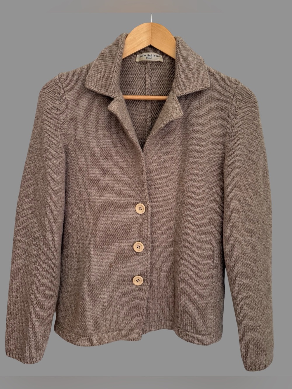 Amina Rubinacci Napoli Brown 100% Wool Knit Button Collared Cardigan ($700) EU44